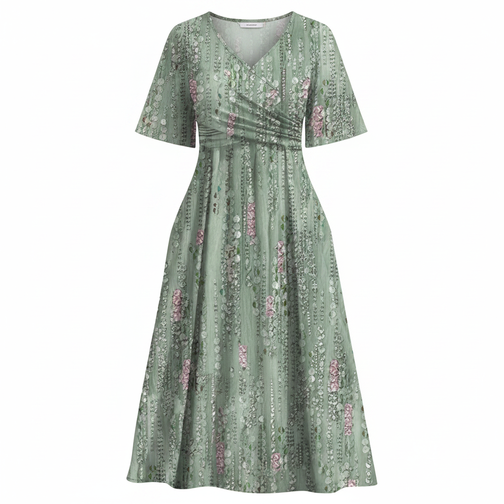 Flora | Women’s Elegant Summer Dress – Botanical Floral Pattern & Architectural A-Line Silhouette
