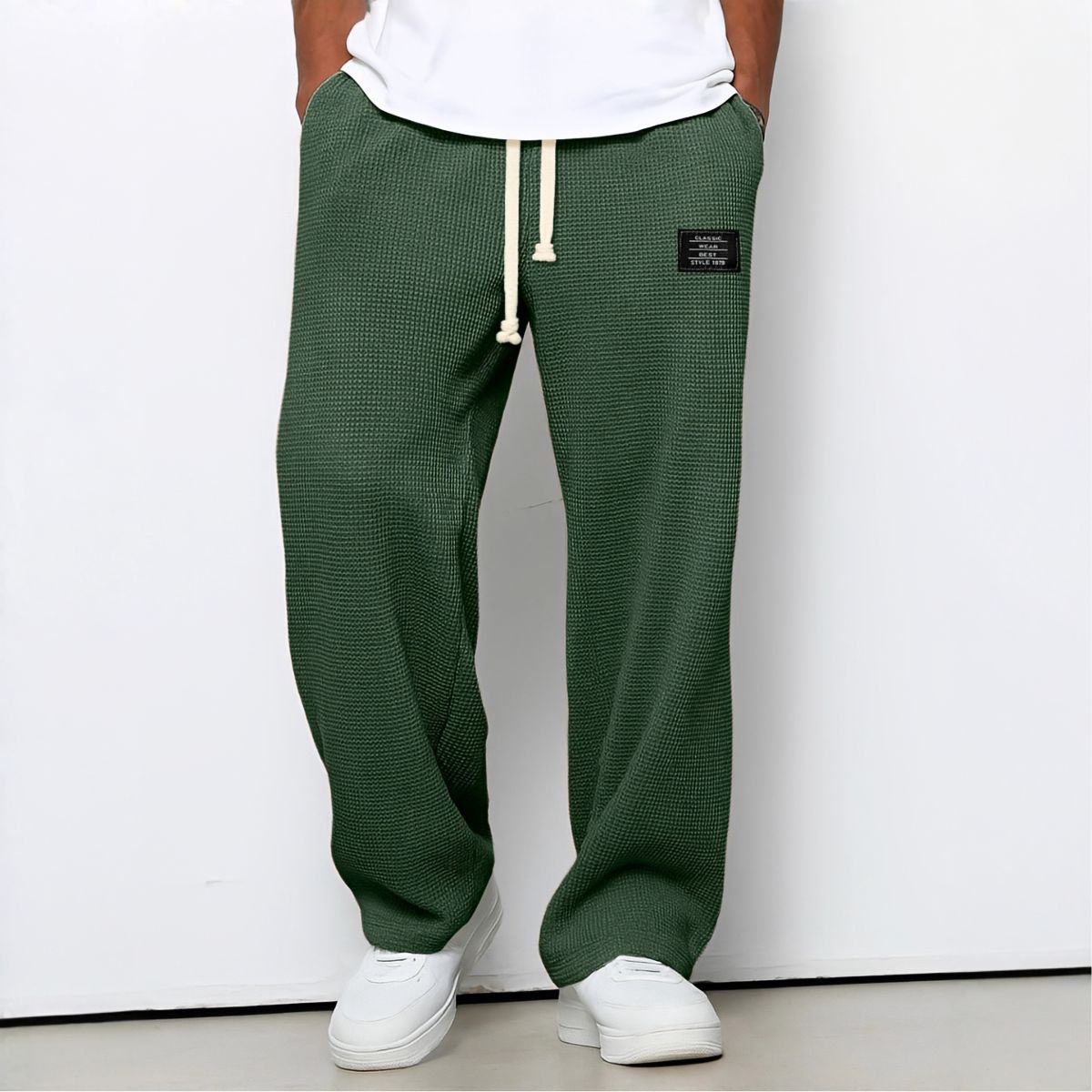 Hommes | Men's Casual Pants with Loose Fit and Elastic Waist Dark Green