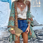 Dôre | Bohemian Mid-Length Knit Cardigan Turquoise - Brown