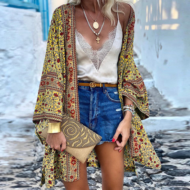 Dôre | Bohemian Mid-Length Knit Cardigan Yellow - Brown
