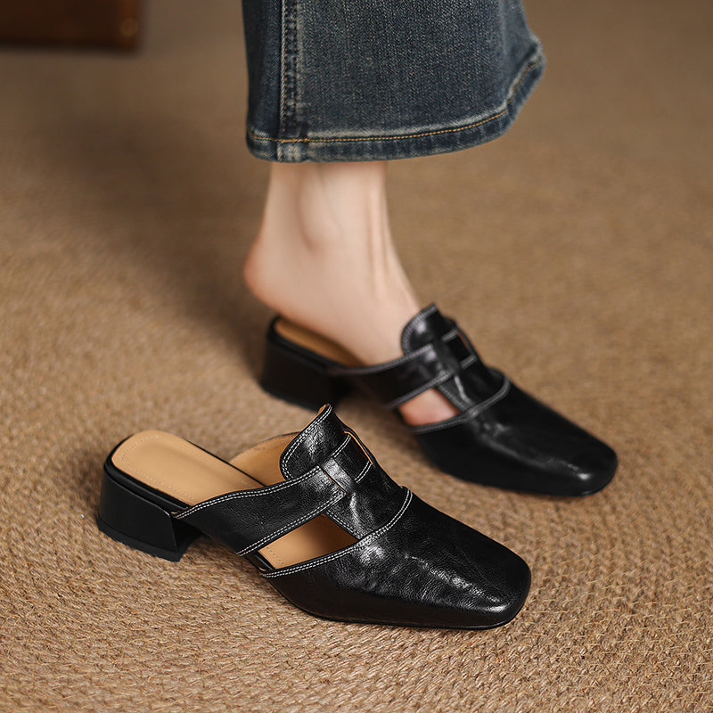 Ivora | Genuine Leather Mules – Luxury Designer Backless Slip-Ons & Slimming Minimalist Flat Loafers Black