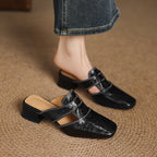 Ivora | Genuine Leather Mules – Luxury Designer Backless Slip-Ons & Slimming Minimalist Flat Loafers Black