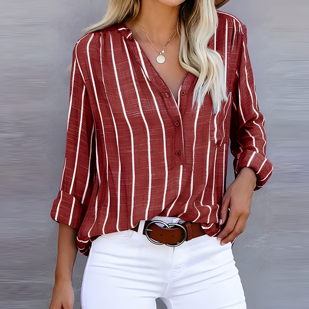 Women’s Trendy Striped Blouse – Linear Precision, Visionary Chic red