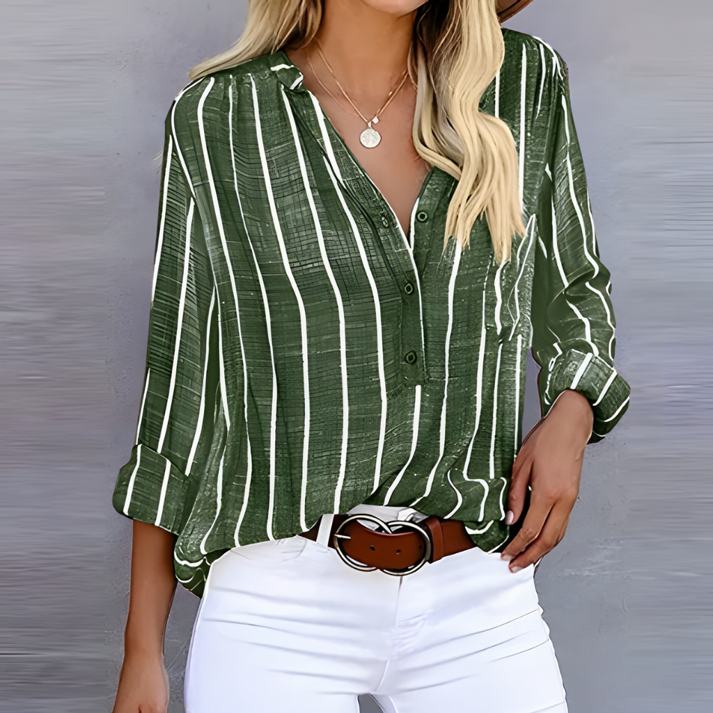 Women’s Trendy Striped Blouse – Linear Precision, Visionary Chic green