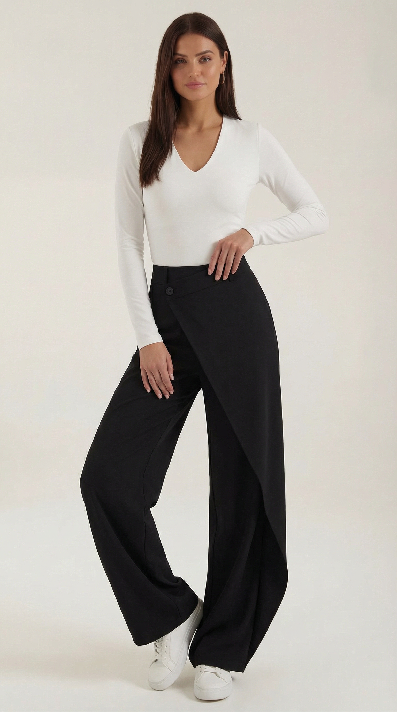 Women's Asymmetrical Trousers – Unique Fold-Over Waist & Tailored Wide-Leg Black