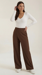 Women's Asymmetrical Trousers – Unique Fold-Over Waist & Tailored Wide-Leg Brown
