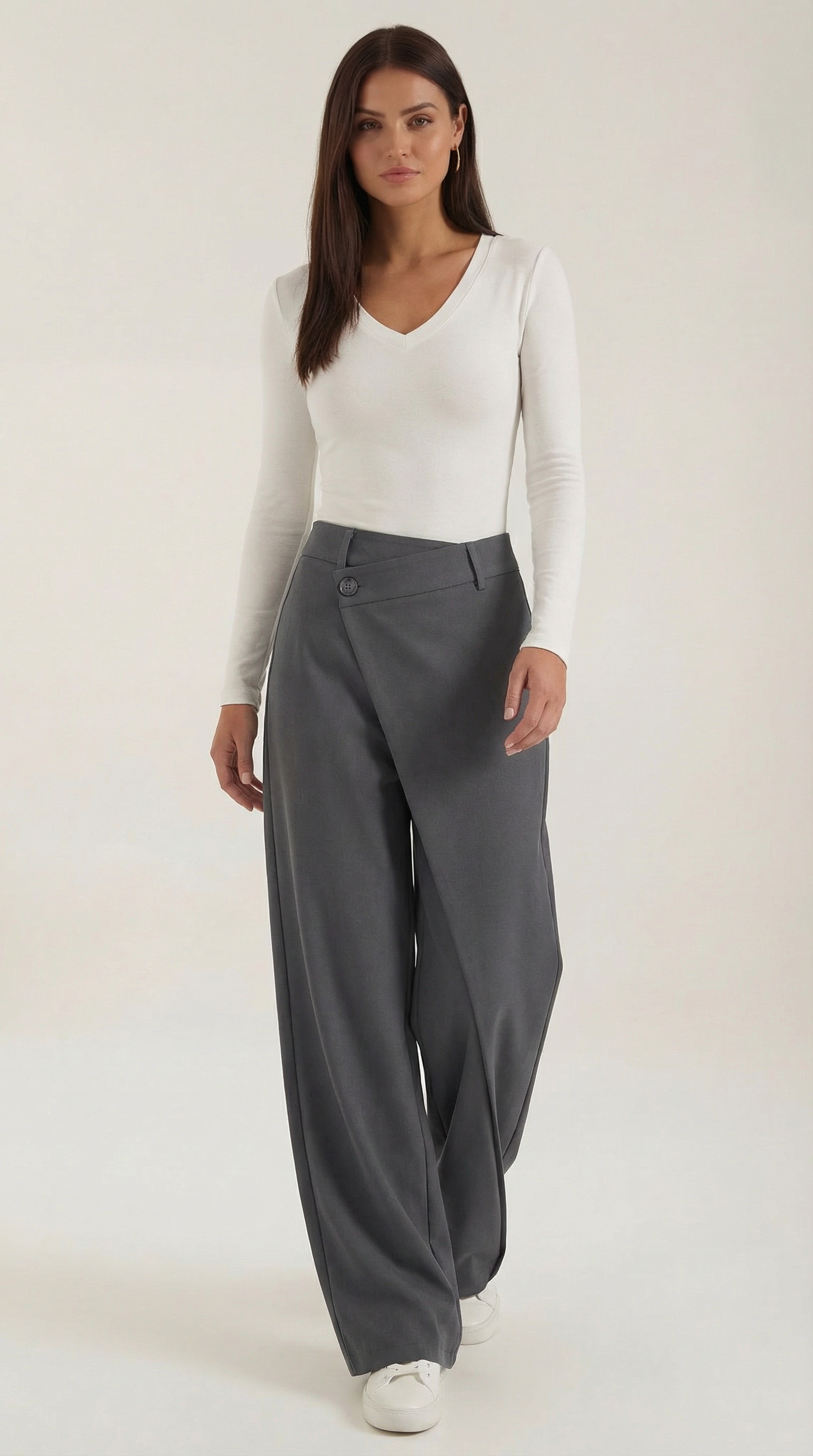 Women's Asymmetrical Trousers – Unique Fold-Over Waist & Tailored Wide-Leg Gray
