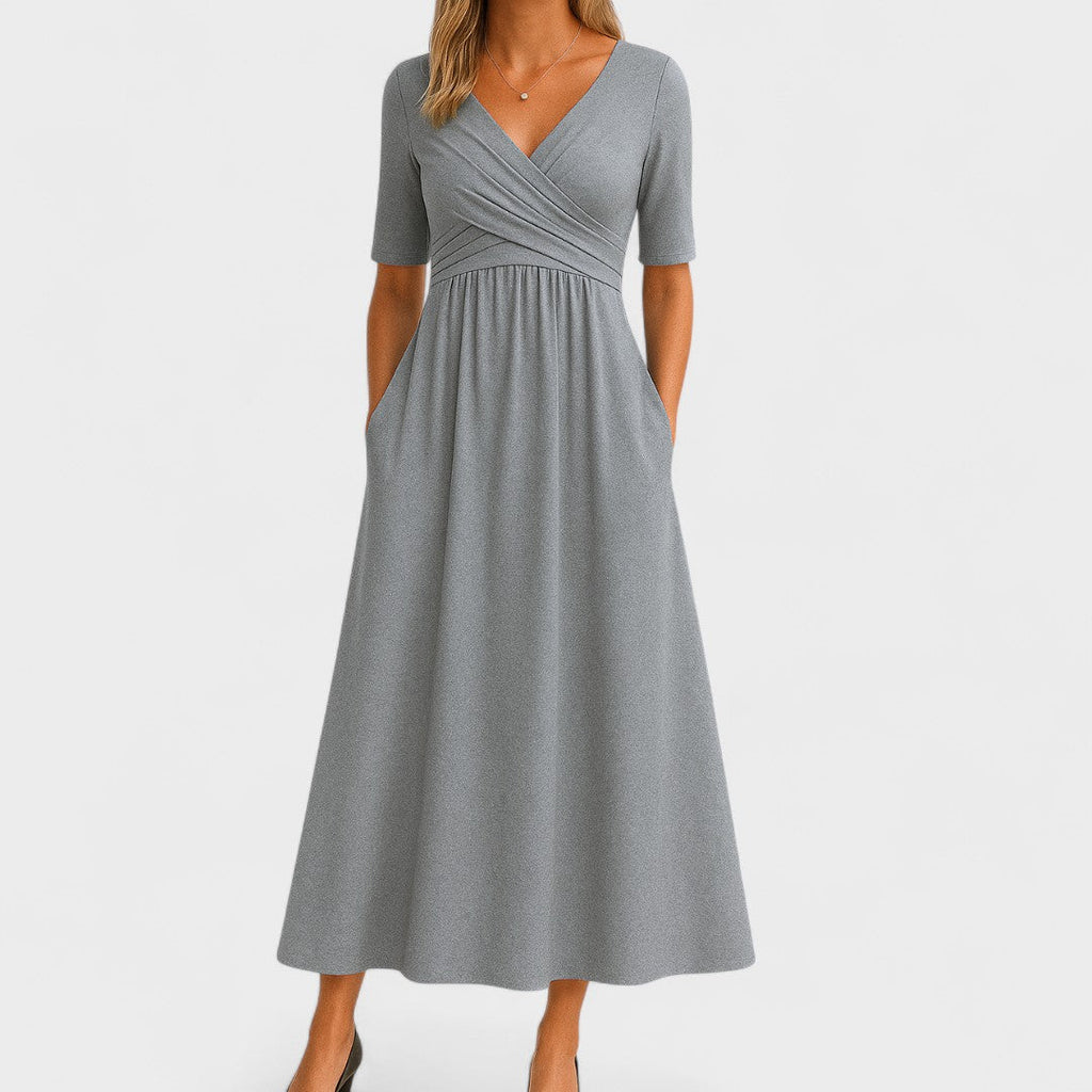Lora | Chic Women’s Midi Dress with V-Neck Gray
