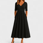 Lora | Chic Women’s Midi Dress with V-Neck Black