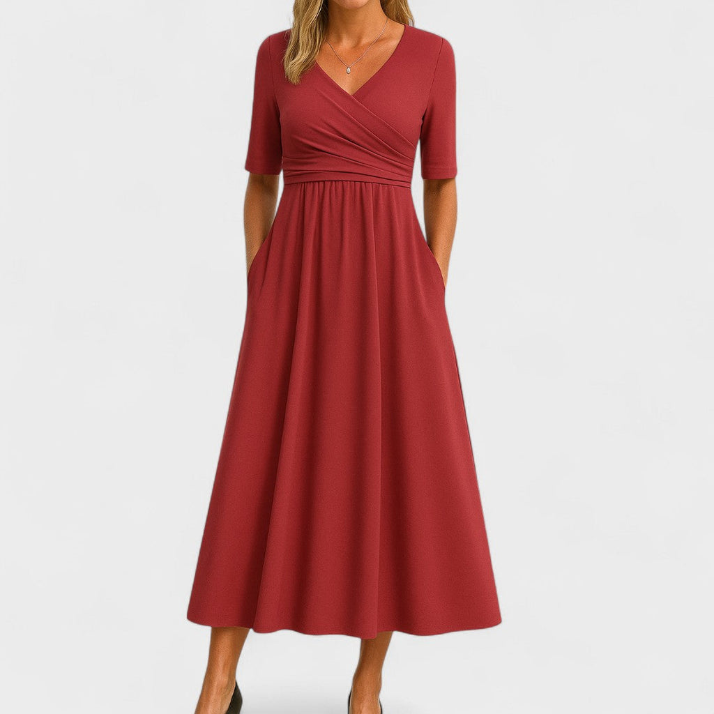Lora | Chic Women’s Midi Dress with V-Neck Red