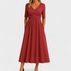 Lora | Chic Women’s Midi Dress with V-Neck Red