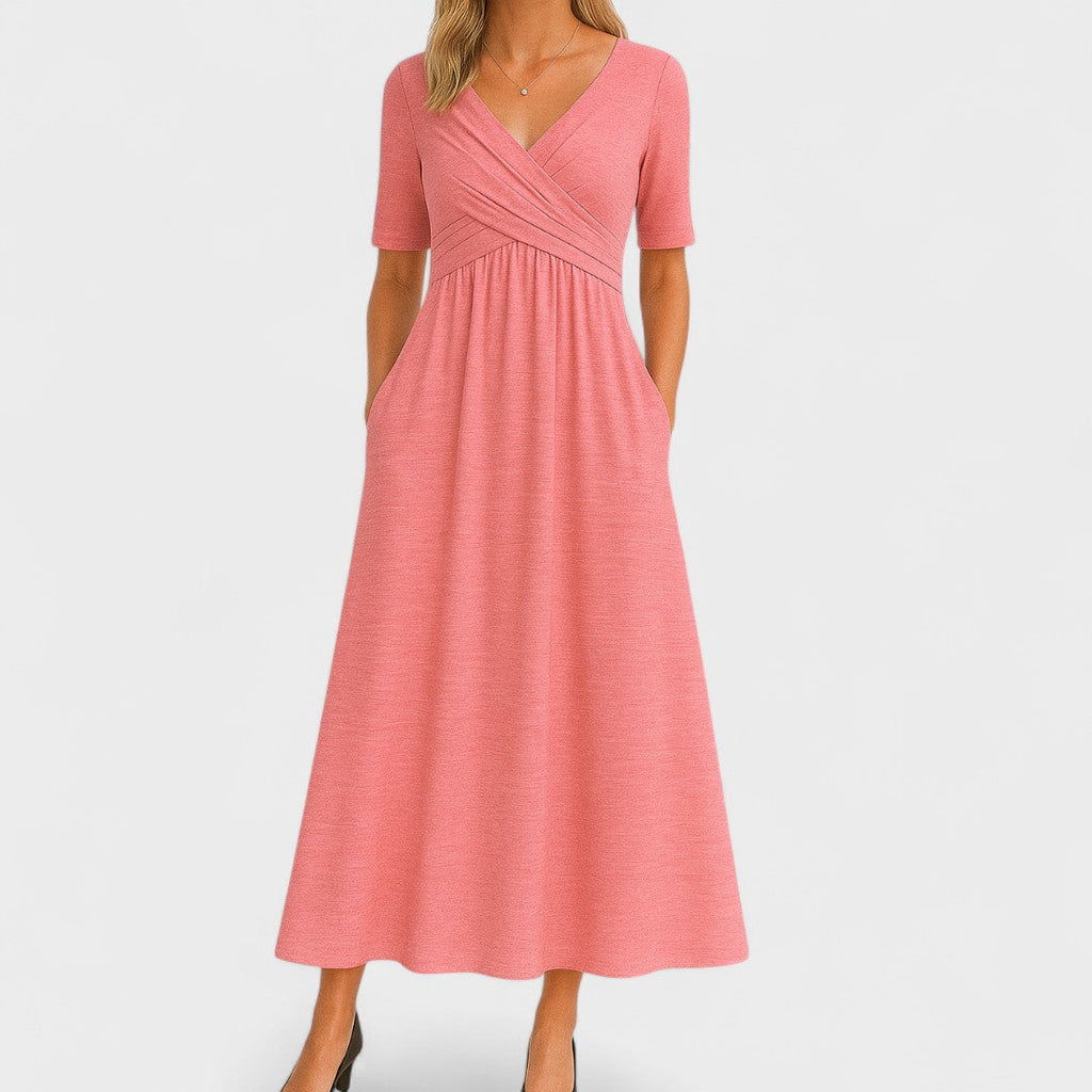 Lora | Chic Women’s Midi Dress with V-Neck Pink
