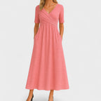 Lora | Chic Women’s Midi Dress with V-Neck Pink