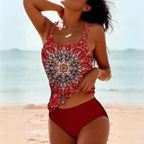 Women’s Two-Piece Tankini Set – Hand-Painted Boho Motif, Slim-Fit Contour & Sun-Drenched Artisanal Grace red