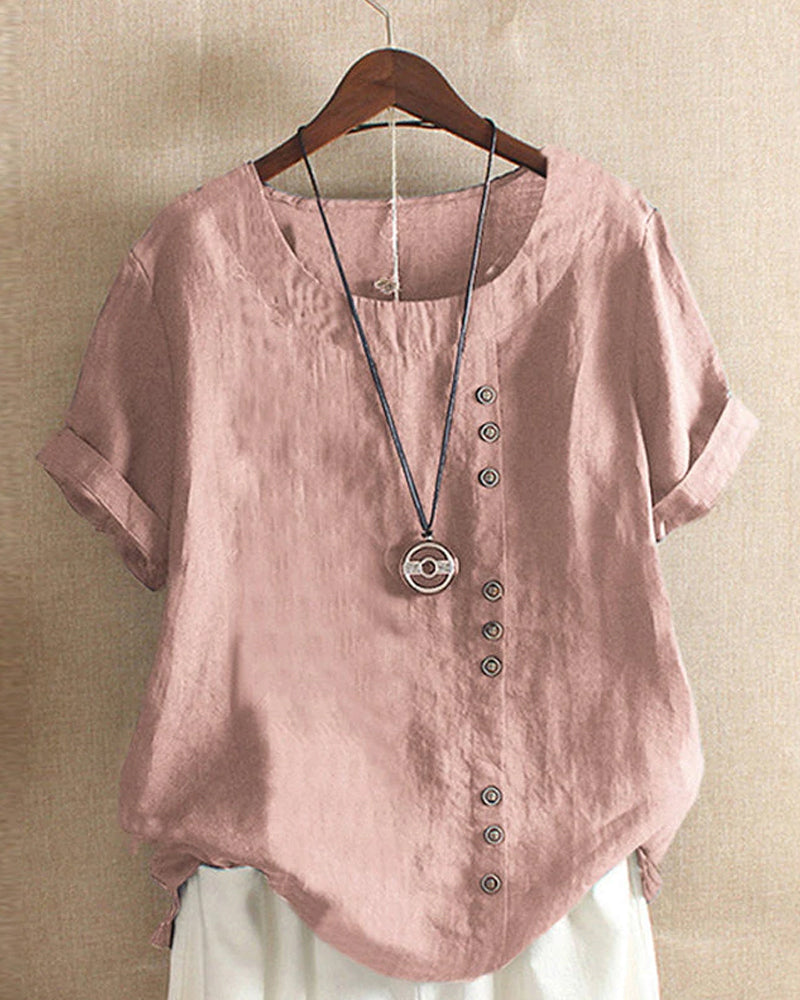 Vara | Women’s Button-Front Short Sleeve Blouse – Chic Artisan Tailoring & Refined Slimming Silhouette pink