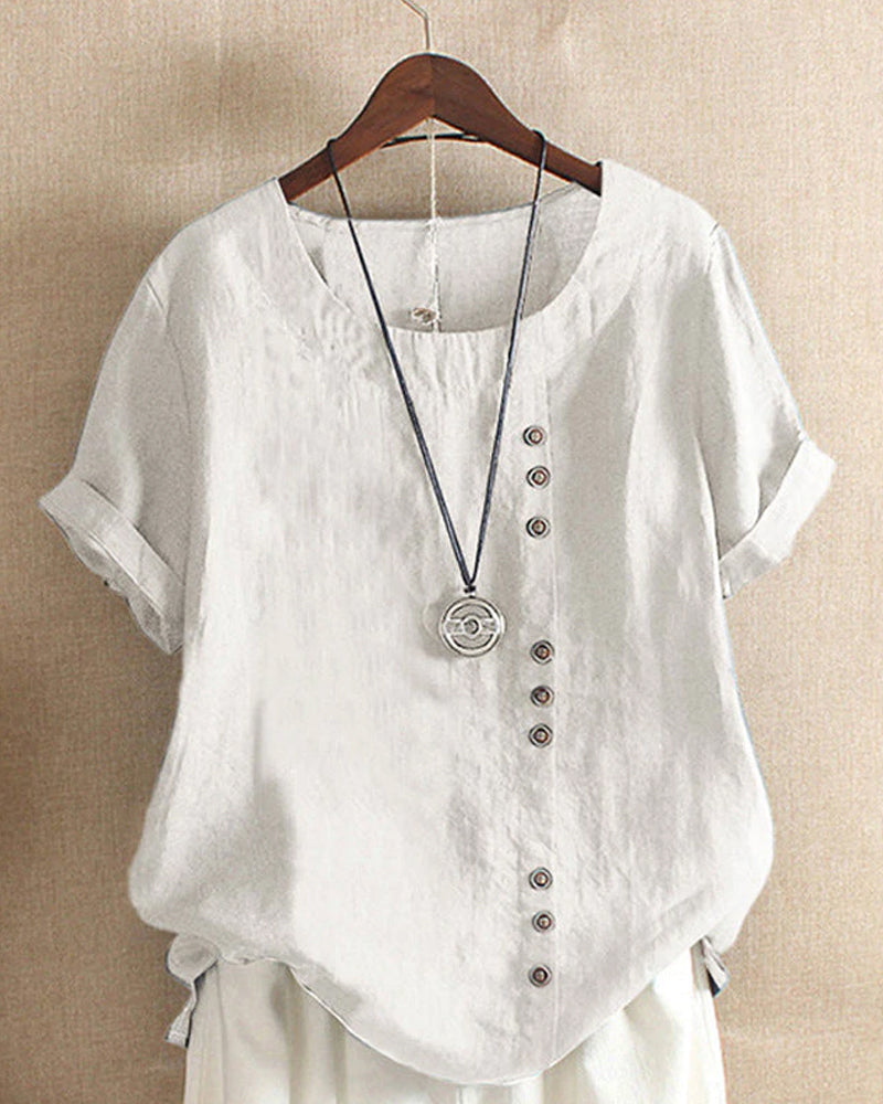 Vara | Women’s Button-Front Short Sleeve Blouse – Chic Artisan Tailoring & Refined Slimming Silhouette white