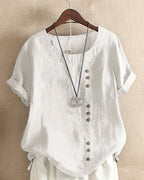 Vara | Women’s Button-Front Short Sleeve Blouse – Chic Artisan Tailoring & Refined Slimming Silhouette white