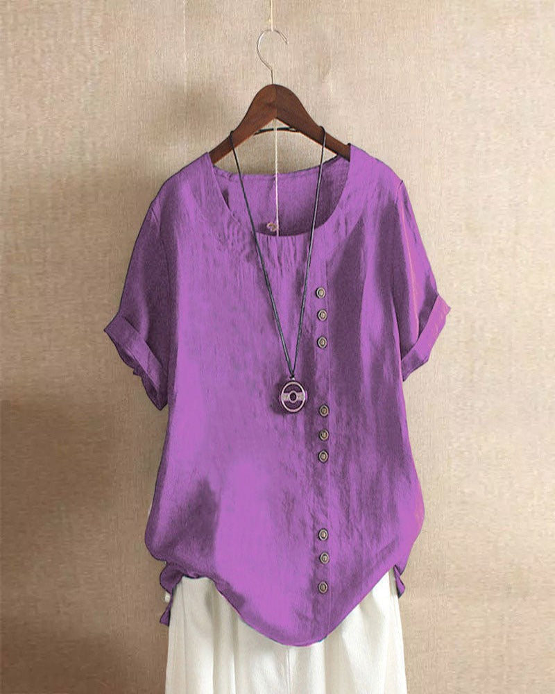 Vara | Women’s Button-Front Short Sleeve Blouse – Chic Artisan Tailoring & Refined Slimming Silhouette violet