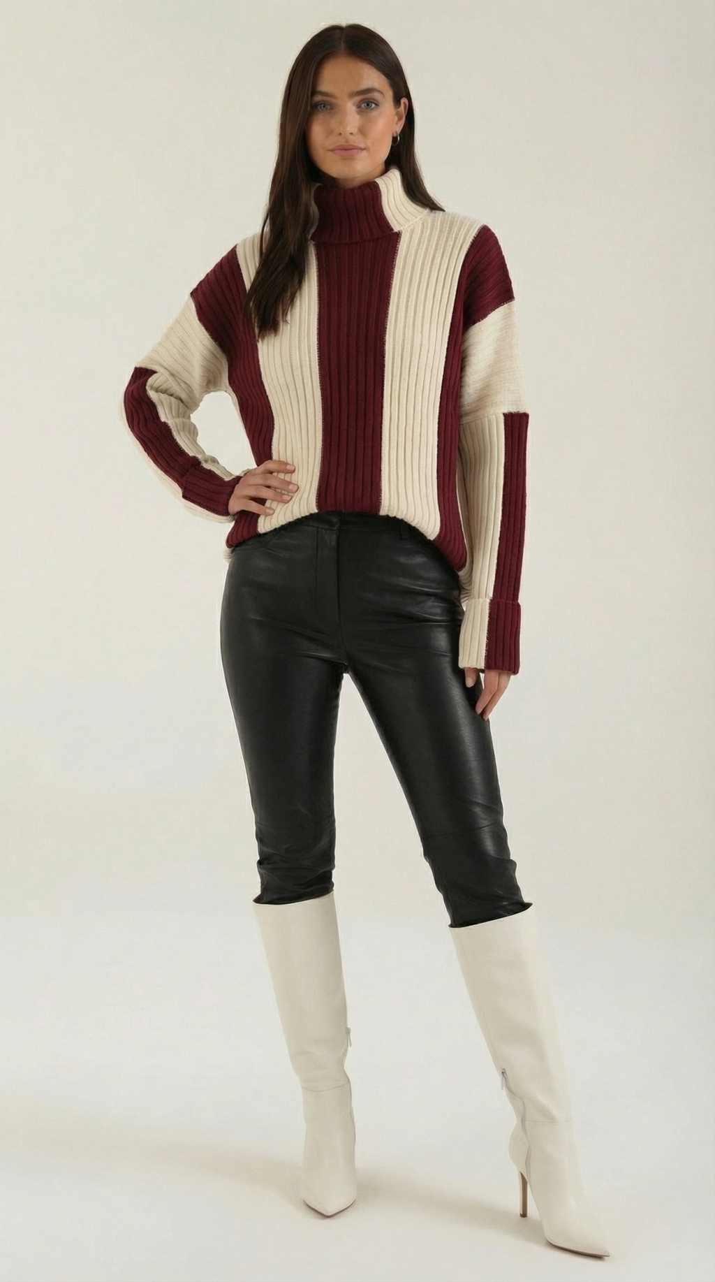 Women's Oversized Stripe Roll Neck Sweater – Chunky Knit & Relaxed Fit Burgundy