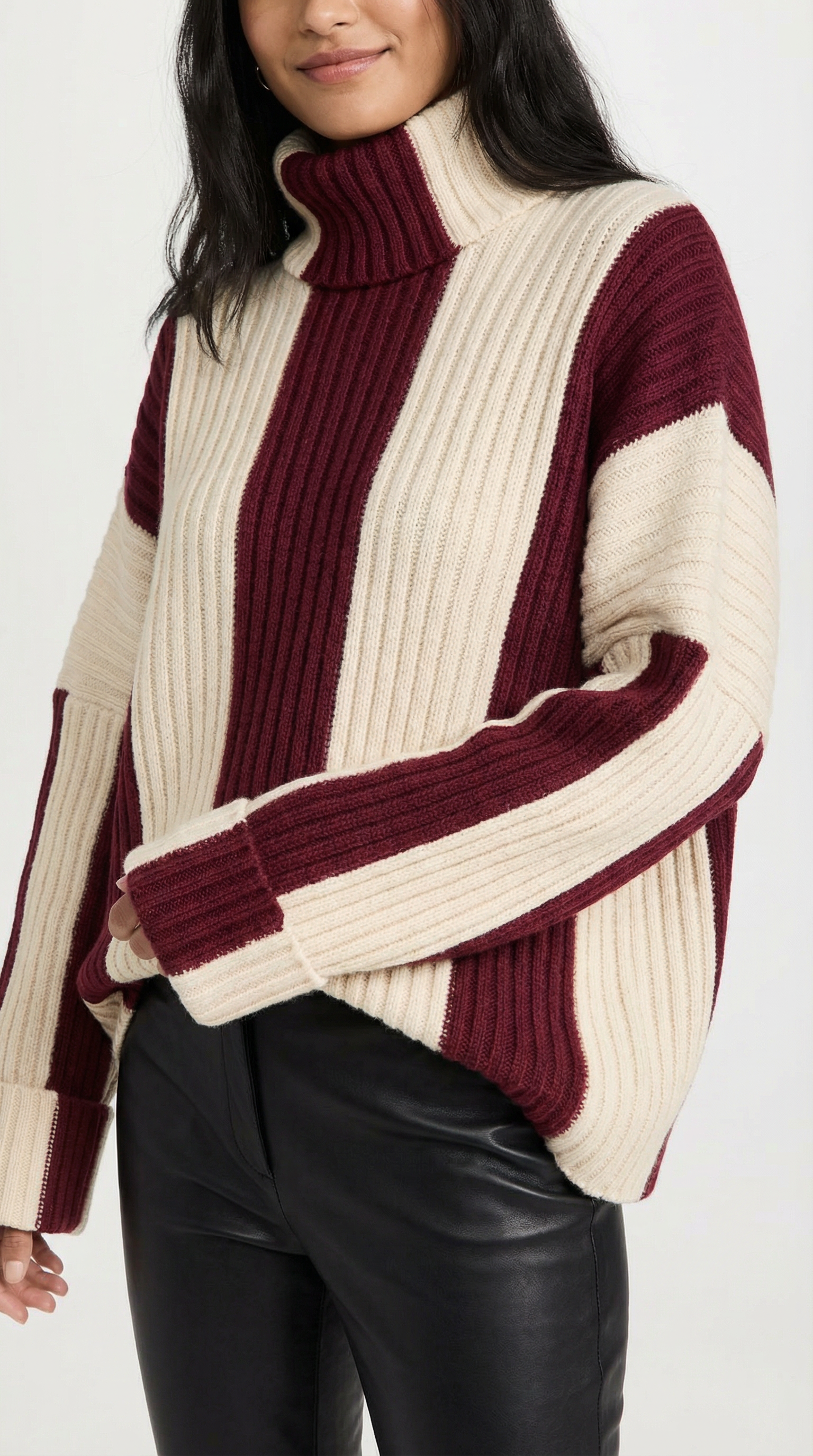 Women's Oversized Stripe Roll Neck Sweater – Chunky Knit & Relaxed Fit
