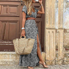 Māyā | Women’s Boho Maxi Dress with Matching Belt – Flowy Floral Summer Style Gray