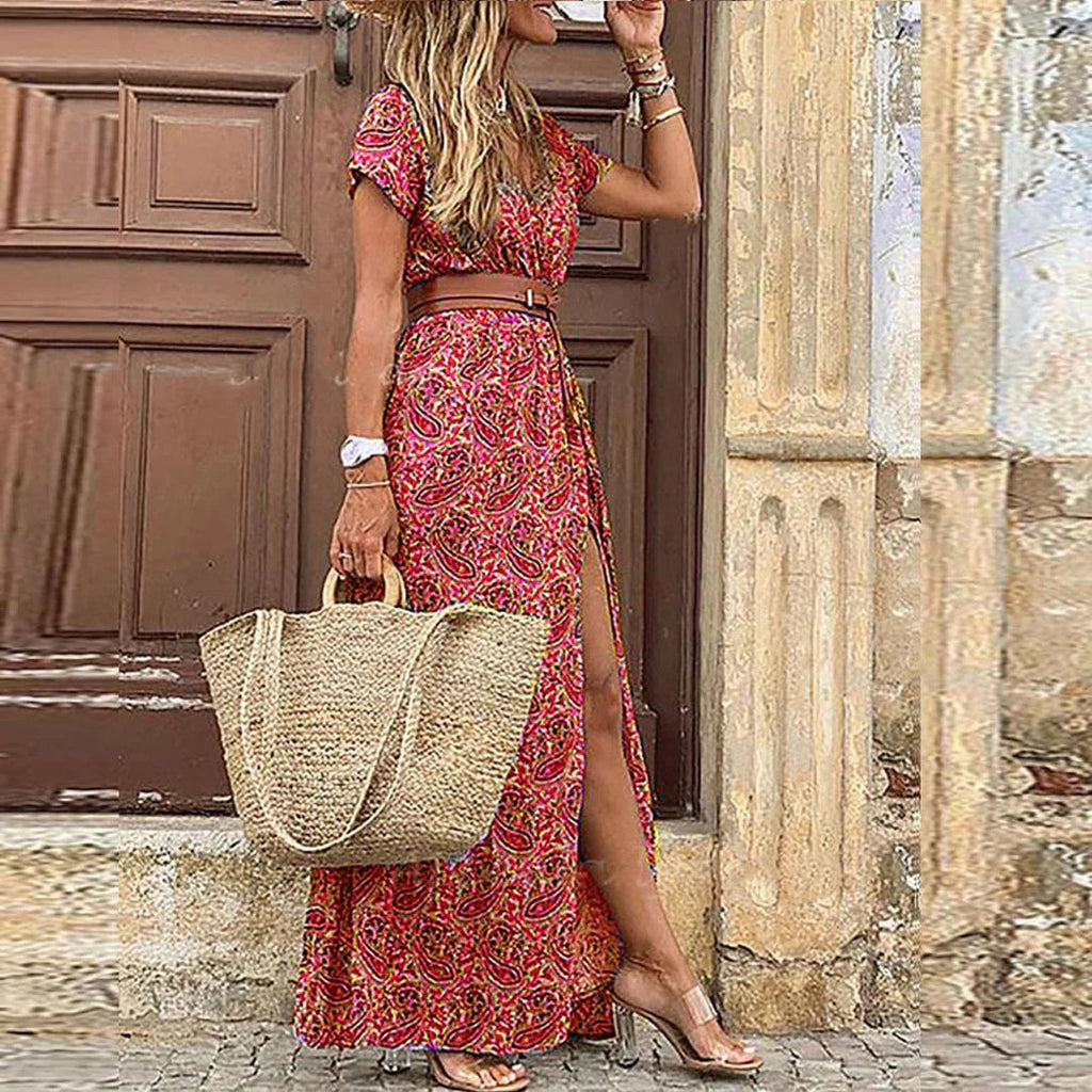 Māyā | Women’s Boho Maxi Dress with Matching Belt – Flowy Floral Summer Style Pink