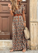 Māyā | Women’s Boho Maxi Dress with Matching Belt – Flowy Floral Summer Style Brown