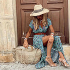 Māyā | Women’s Boho Maxi Dress with Matching Belt – Flowy Floral Summer Style Green