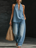 Eleonora | Denim Set with V-Neck, Elegant and Versatile Sky Blue