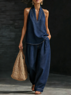 Eleonora | Denim Set with V-Neck, Elegant and Versatile Navy Blue