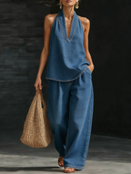 Eleonora | Denim Set with V-Neck, Elegant and Versatile Blue