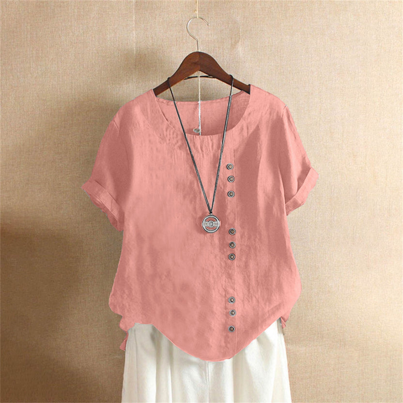 Manda | Women’s Short-Sleeved Blouse – Essential Round Neckline & Architectural Minimalist Cut pink