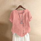 Manda | Women’s Short-Sleeved Blouse – Essential Round Neckline & Architectural Minimalist Cut pink