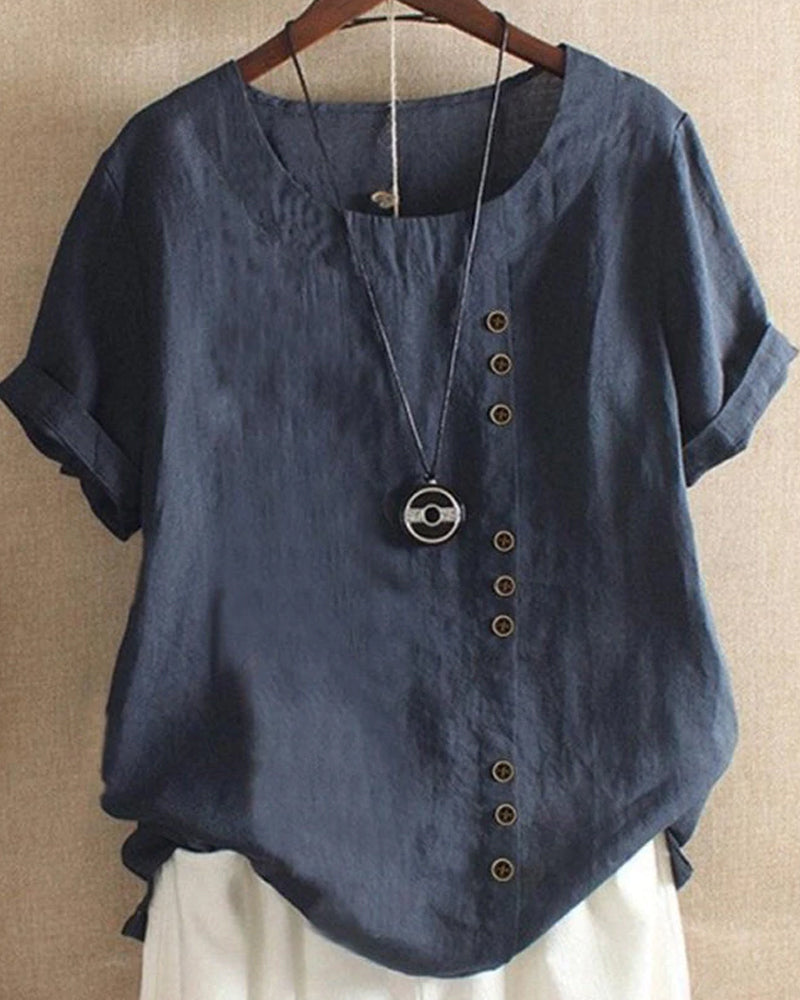 Manda | Women’s Short-Sleeved Blouse – Essential Round Neckline & Architectural Minimalist Cut dark blue