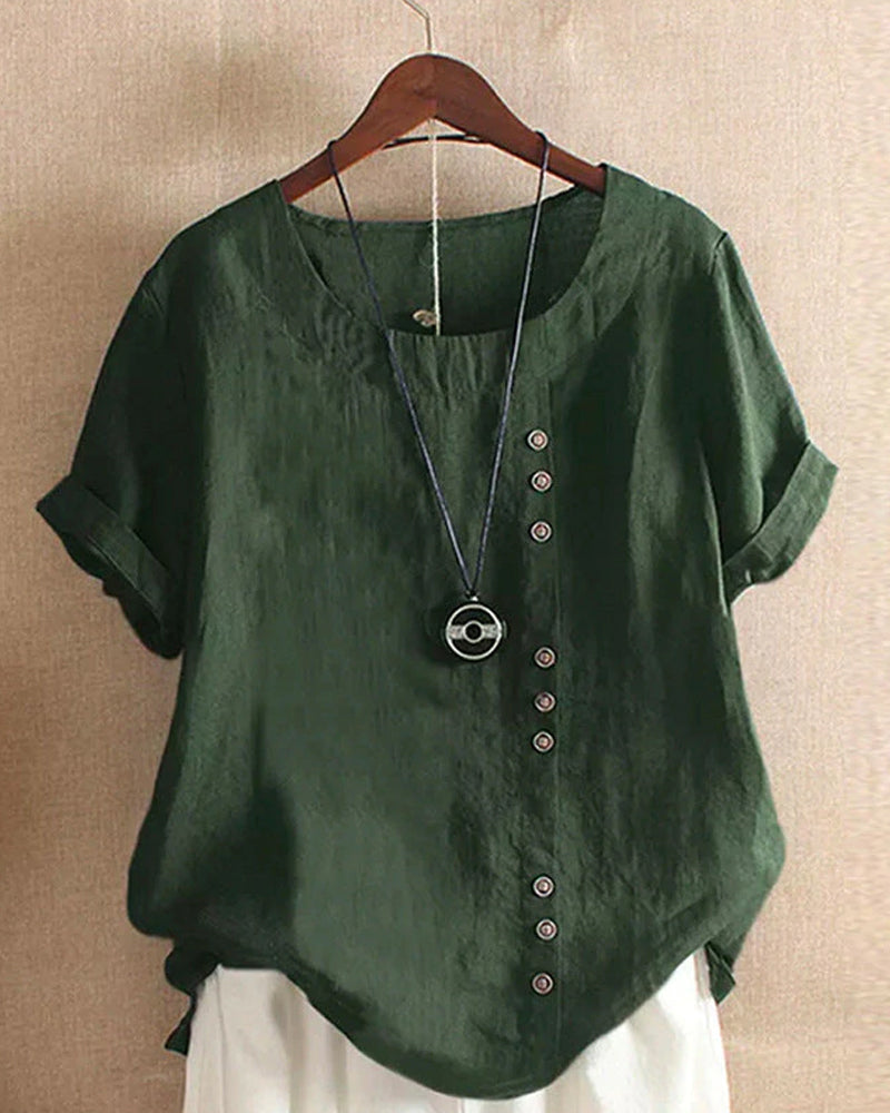 Manda | Women’s Short-Sleeved Blouse – Essential Round Neckline & Architectural Minimalist Cut green