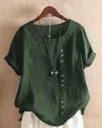 Manda | Women’s Short-Sleeved Blouse – Essential Round Neckline & Architectural Minimalist Cut green