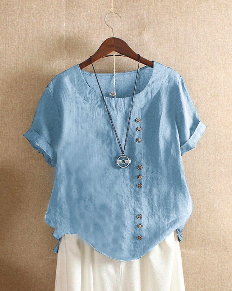 Manda | Women’s Short-Sleeved Blouse – Essential Round Neckline & Architectural Minimalist Cut sky blue