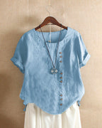 Manda | Women’s Short-Sleeved Blouse – Essential Round Neckline & Architectural Minimalist Cut sky blue