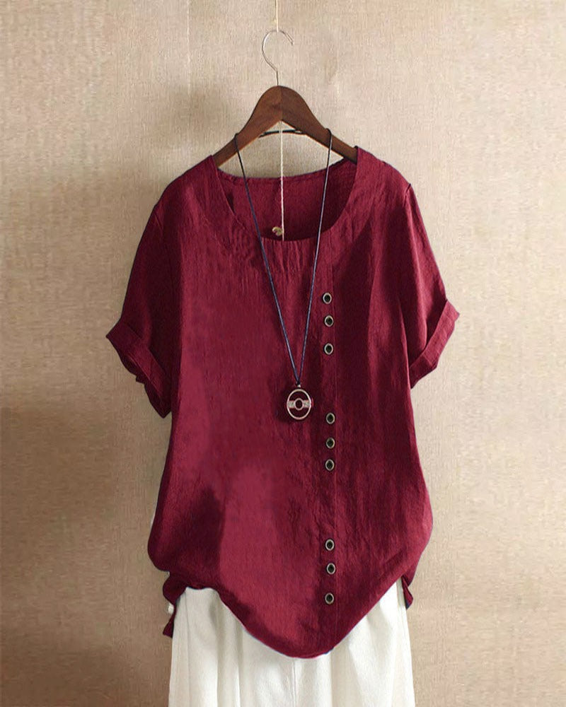 Manda | Women’s Short-Sleeved Blouse – Essential Round Neckline & Architectural Minimalist Cut burgundy