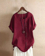 Manda | Women’s Short-Sleeved Blouse – Essential Round Neckline & Architectural Minimalist Cut burgundy