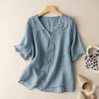 Luna | Women’s Vintage Blouse – Nostalgic Architectural Button Detail & Refined Retro Grace Blue