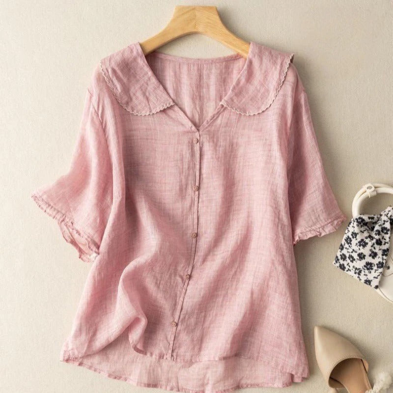 Luna | Women’s Vintage Blouse – Nostalgic Architectural Button Detail & Refined Retro Grace Pink
