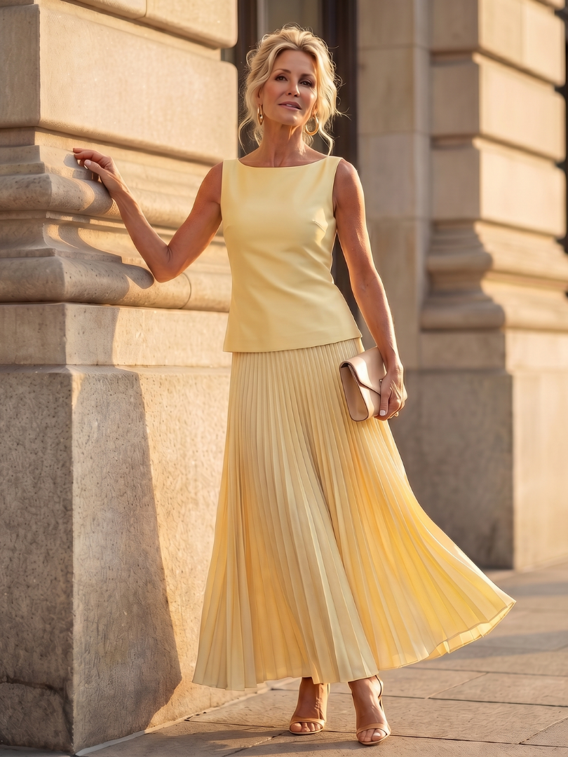 Liana | Elegant Ensemble with Structured Top and Pleated Skirt Yellow