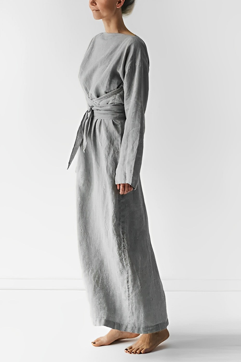 Handmade Dress, minimalist, long-sleeved, belt light grey