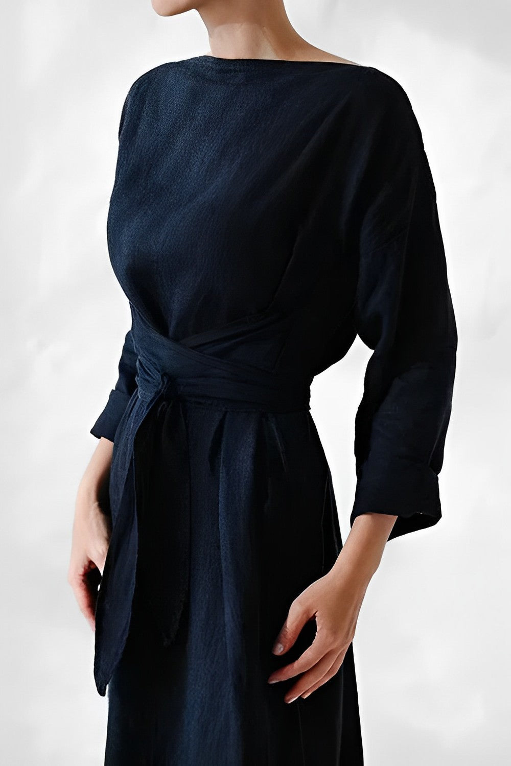 Handmade Dress, minimalist, long-sleeved, belt dark blue