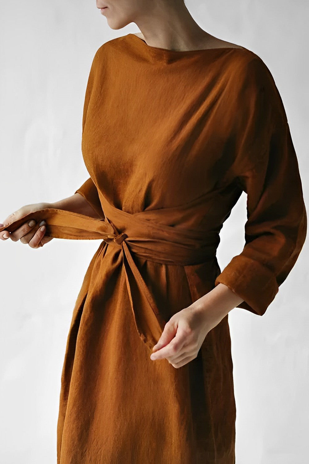 Handmade Dress, minimalist, long-sleeved, belt brown