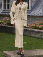 Women’s Contrast Trim Midi Dress – Architectural Button Detail & Sharp Contoured Silhouette
