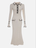Women’s Contrast Trim Midi Dress – Architectural Button Detail & Sharp Contoured Silhouette