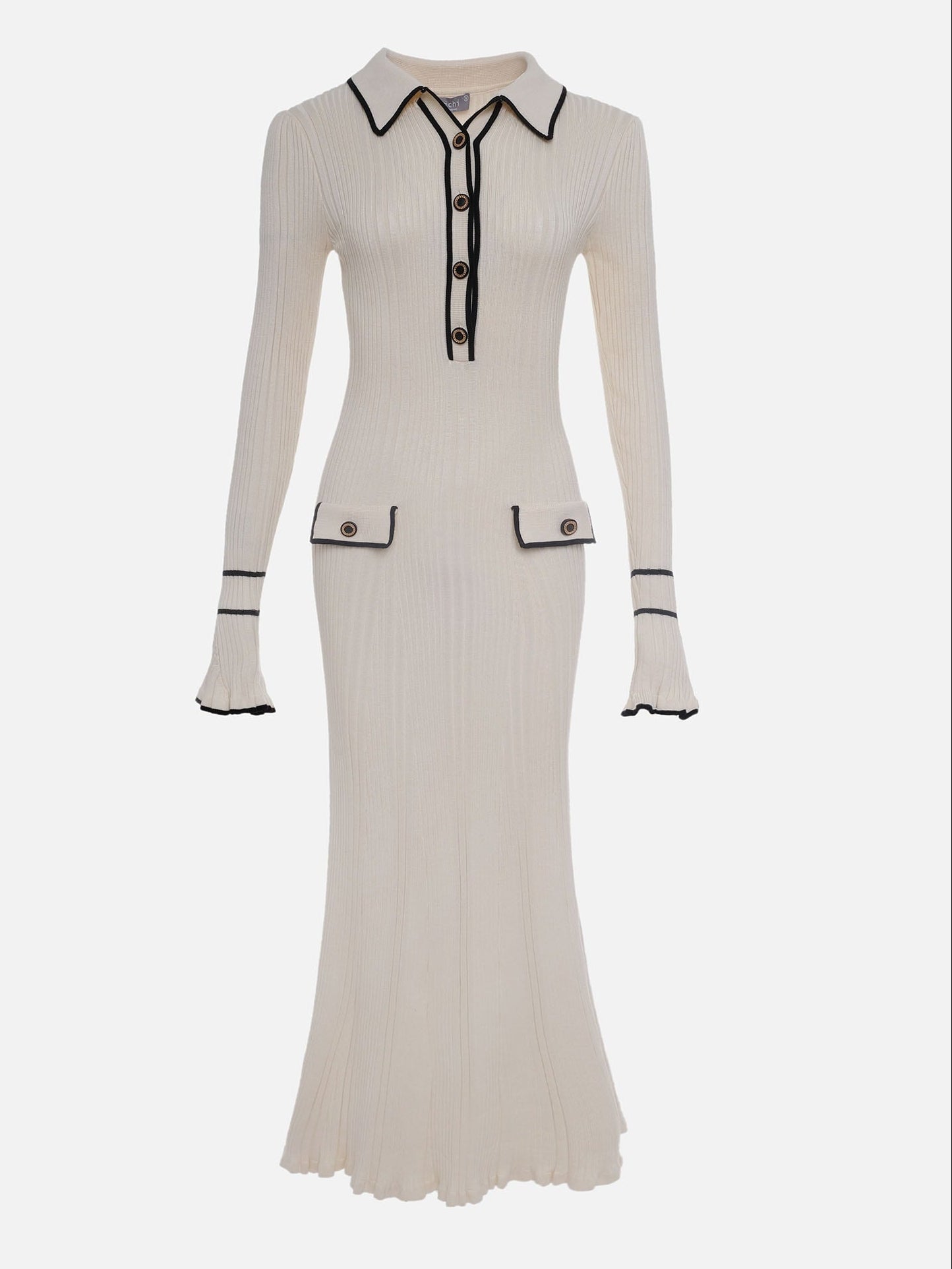Women’s Contrast Trim Midi Dress – Architectural Button Detail & Sharp Contoured Silhouette