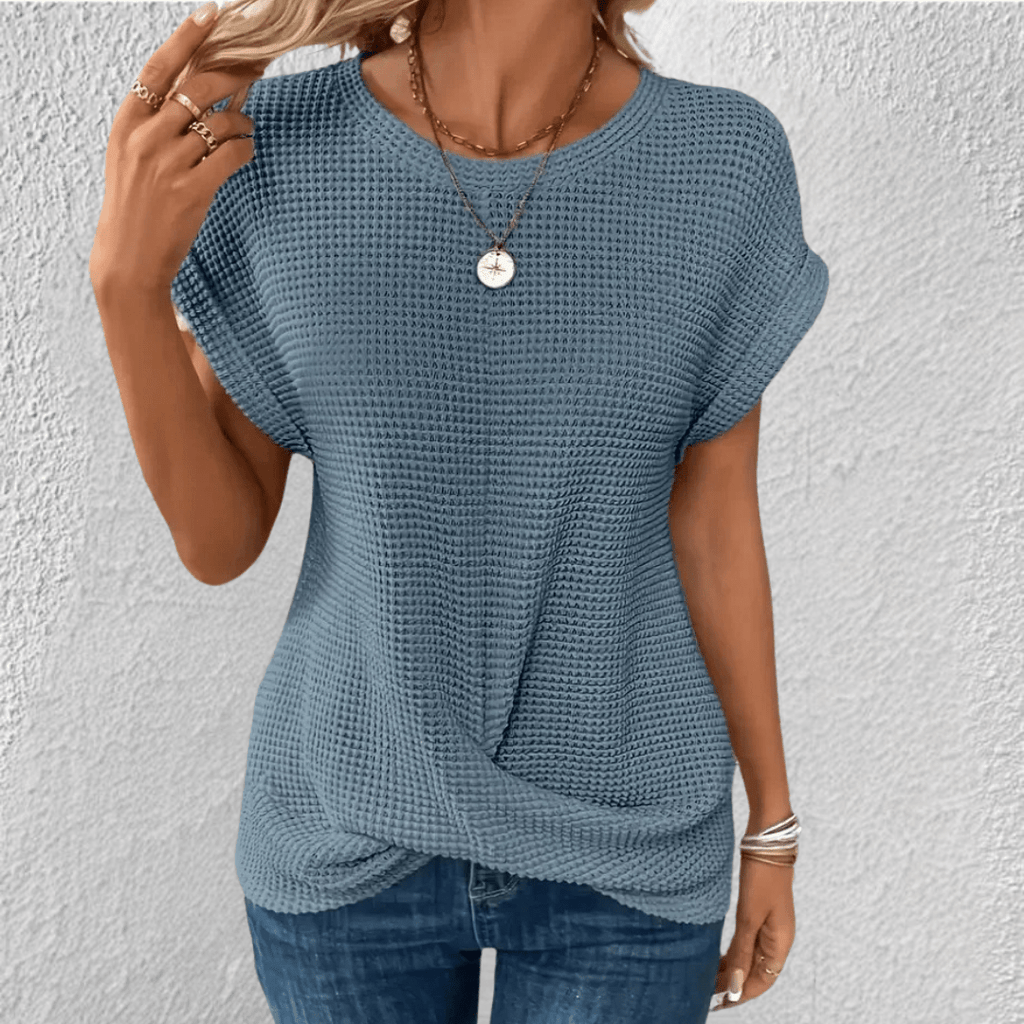 Dôre | Tummy Tucking Waffle-knit top – Chic Artisan Texture & Refined Slimming Silhouette Blue